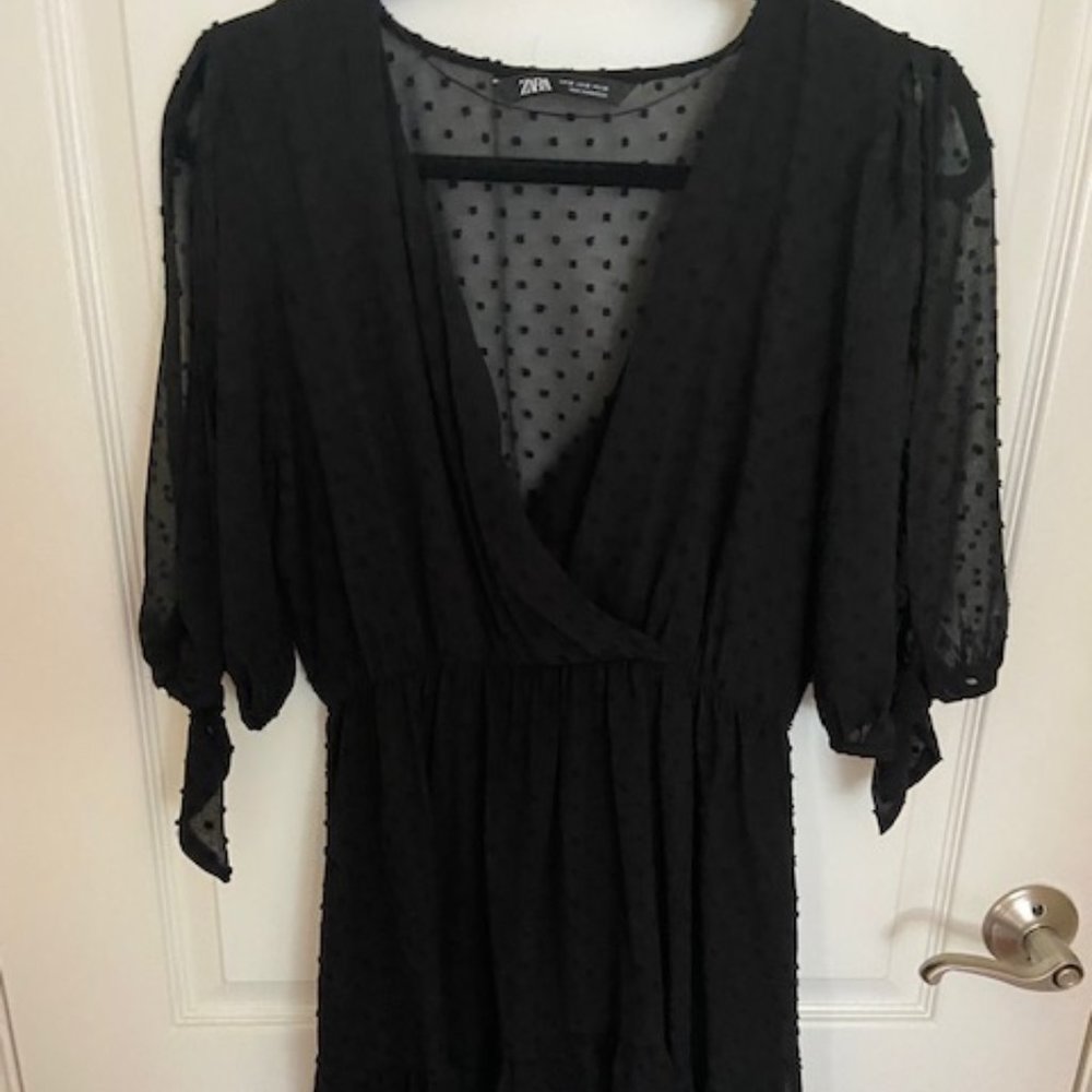 ZARA BLACK SHEER MESH V NECK WRAP DRESS